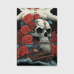 Обложка для автодокументов Череп викинга на корабле с розами в стиле тату ирезуми