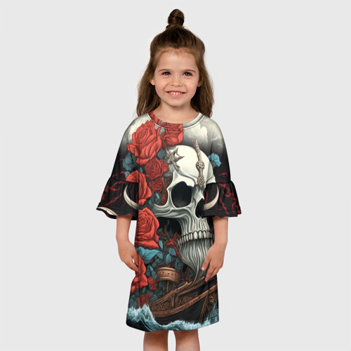 Детское платье 3D с принтом Череп викинга на корабле с розами в стиле тату ирезуми, вид сбоку #3