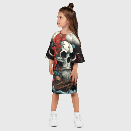 Детское платье 3D с принтом Череп викинга на корабле с розами в стиле тату ирезуми, фото на моделе #1