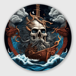 Круглый коврик для мышки Тату ирезуми черепа пирата на корабле в шторм