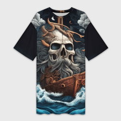 Платье-футболка 3D Тату ирезуми черепа пирата на корабле в шторм