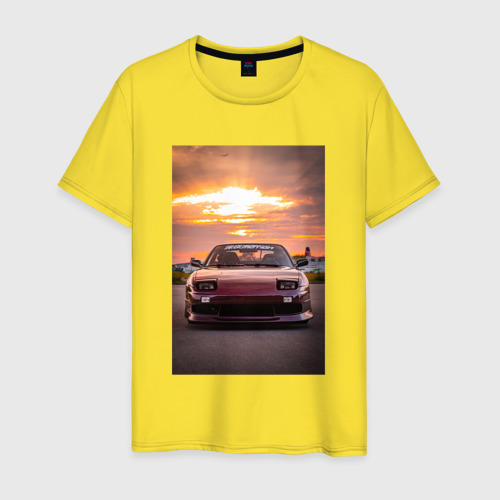 Мужская футболка хлопок с принтом Авто в багровом закате, вид спереди #2