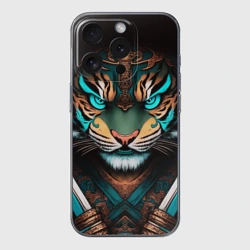 Чехол для iPhone 15 Pro силиконовый с защитой камеры Тигр самурай