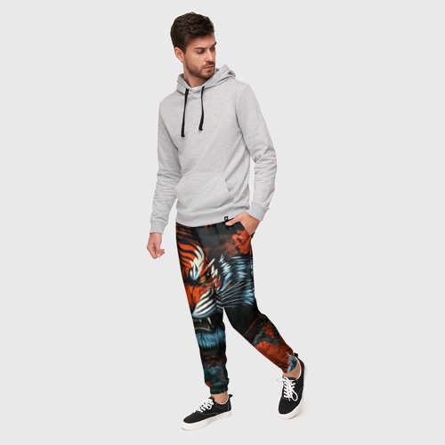 Мужские брюки 3D Тигр с розами на волнах в стиле тату ирезуми, цвет 3D печать - фото 3