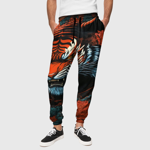 Мужские брюки 3D Тигр с розами на волнах в стиле тату ирезуми, цвет 3D печать - фото 4