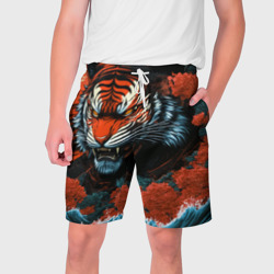 Мужские шорты 3D Тигр с розами на волнах в стиле тату ирезуми