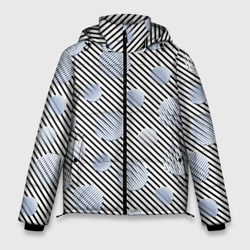 Мужская зимняя куртка 3D с принтом Серебристые круги на полосатом фоне, вид спереди #2