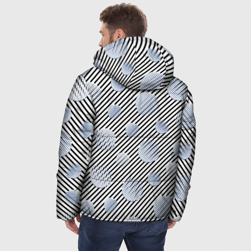 Мужская зимняя куртка 3D с принтом Серебристые круги на полосатом фоне, вид сзади #2