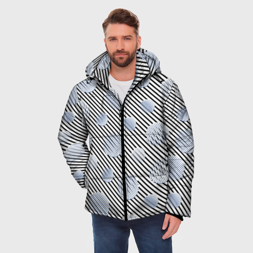 Мужская зимняя куртка 3D с принтом Серебристые круги на полосатом фоне, фото на моделе #1