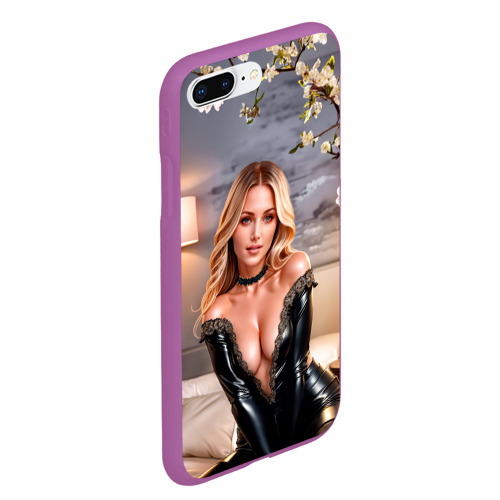 Чехол для iPhone 7Plus/8 Plus матовый с принтом Девушка блондинка в чёрном платье с глубоким декольте в спальне, вид сбоку #3
