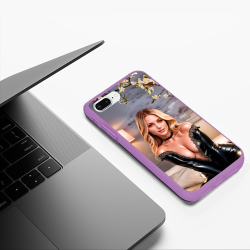 Чехол для iPhone 7Plus/8 Plus матовый с принтом Девушка блондинка в чёрном платье с глубоким декольте в спальне, фото #5