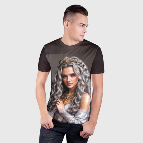 Мужская футболка 3D Slim Девушка с пепельно-серыми вьющимися волосами, цвет 3D печать - фото 3