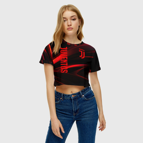 Женская футболка Crop-top 3D Juventus black red logo, цвет 3D печать - фото 3