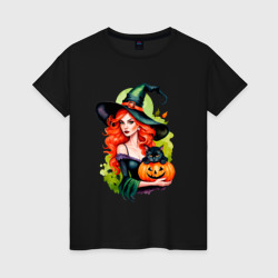Рыжая ведьма с тыквой и черным котом – Женская футболка хлопок с принтом купить со скидкой в -20%