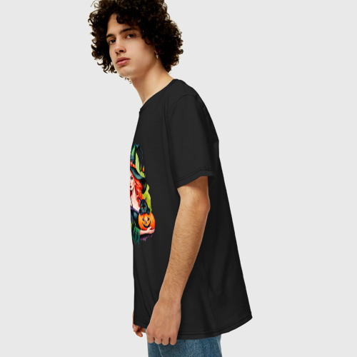 Мужская футболка хлопок Oversize с принтом Рыжая ведьма с тыквой и черным котом, вид сбоку #3