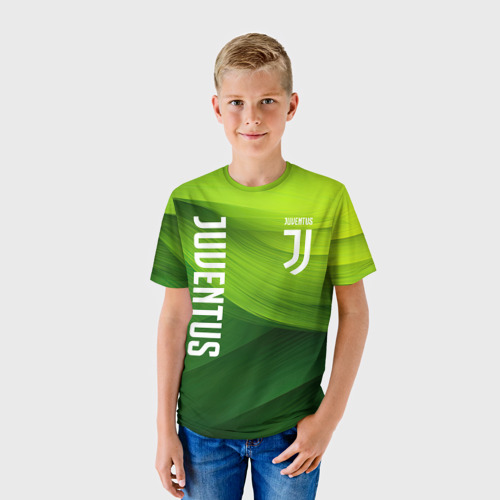Детская футболка 3D с принтом Ювентус лого на зеленом фоне, фото на моделе #1