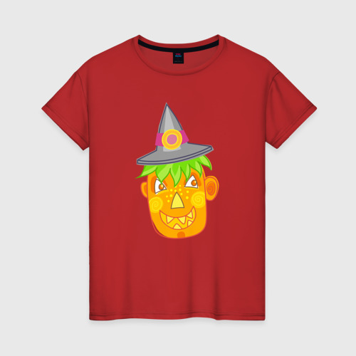 Женская футболка хлопок Веселая тыква в шляпе: для вечеринки на Хэллоуин, цвет красный