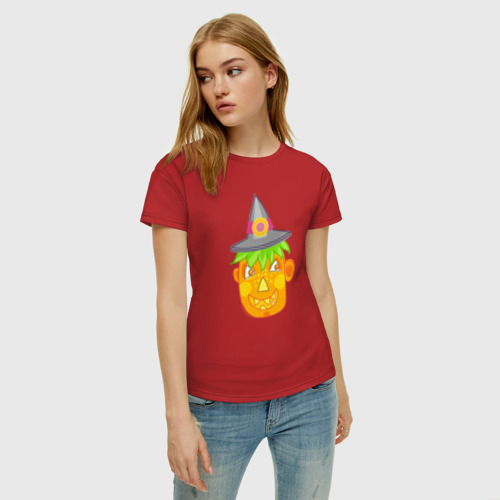 Женская футболка хлопок Веселая тыква в шляпе: для вечеринки на Хэллоуин, цвет красный - фото 3