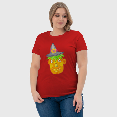 Женская футболка хлопок Веселая тыква в шляпе: для вечеринки на Хэллоуин, цвет красный - фото 6