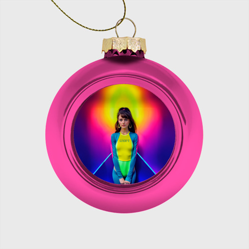Стеклянный ёлочный шар Девушка гимнастка в неоновом зале, цвет розовый