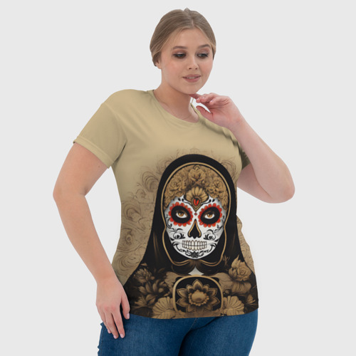 Женская футболка 3D Матрешка сахарный череп на Хэллоуин, цвет 3D печать - фото 6