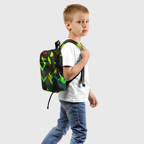 Детский рюкзак 3D с принтом Зеленые  неоновые плитки, вид сзади #1