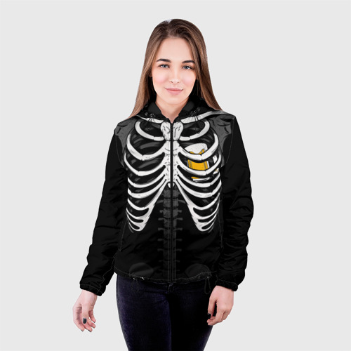Женская куртка 3D с принтом Скелет: ребра и кружка пива, фото на моделе #1