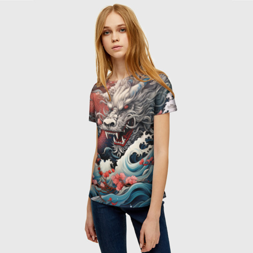 Женская футболка 3D Морской дракон Irezumi на волнах, цвет 3D печать - фото 3