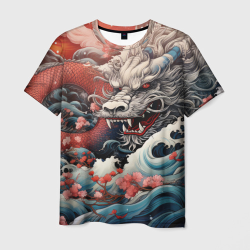 Мужская футболка с принтом Морской дракон Irezumi на волнах, вид спереди №1