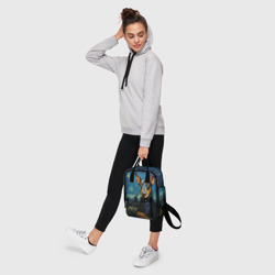 Рюкзак с принтом Доберман в стиле Ван Гога для женщины, вид на модели спереди №4. Цвет основы: белый