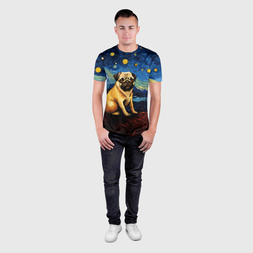 Мужская футболка 3D Slim с принтом Мопс в стиле Ван Гога, вид сбоку #3