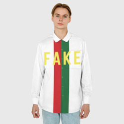 Мужская рубашка oversize 3D Зелёная и красная полосы с надписью Fake - фото 2