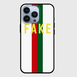 Чехол для iPhone 13 Pro Зелёная и красная полосы с надписью Fake