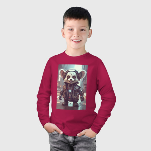 Детский лонгслив хлопок с принтом Злобный ушастый зверек киберпанк, фото на моделе #1