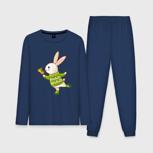 Мужская пижама с лонгсливом хлопок Кролик на катке, цвет темно-синий