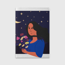 Обложка для паспорта матовая кожа Девушка с букетом цветов на фоне ночного неба