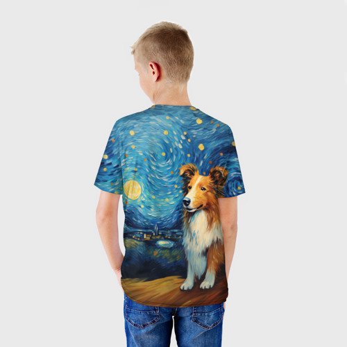 Детская футболка 3D с принтом Колли в стиле Ван Гога, вид сзади #2