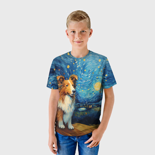 Детская футболка 3D с принтом Колли в стиле Ван Гога, фото на моделе #1