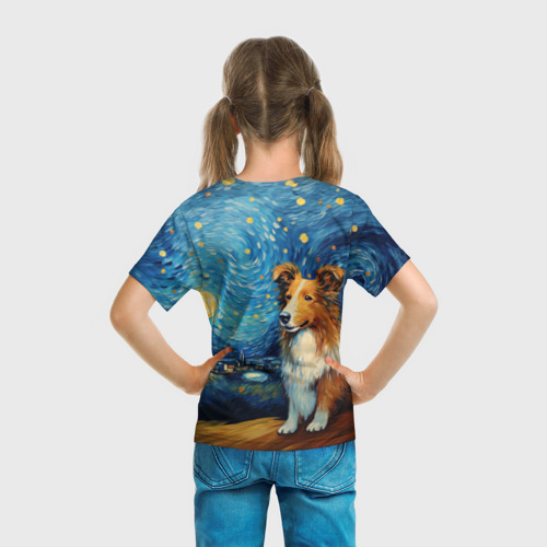 Детская футболка 3D с принтом Колли в стиле Ван Гога, вид сзади #2