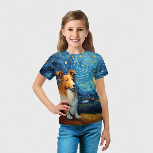 Детская футболка 3D с принтом Колли в стиле Ван Гога, вид сбоку #3