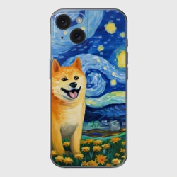 Чехол для iPhone 15 силиконовый с защитой камеры Сиба в стиле Ван Гога