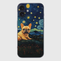 Чехол для iPhone 16 силиконовый с защитой камеры Французский бульдог в стиле Ван Гога