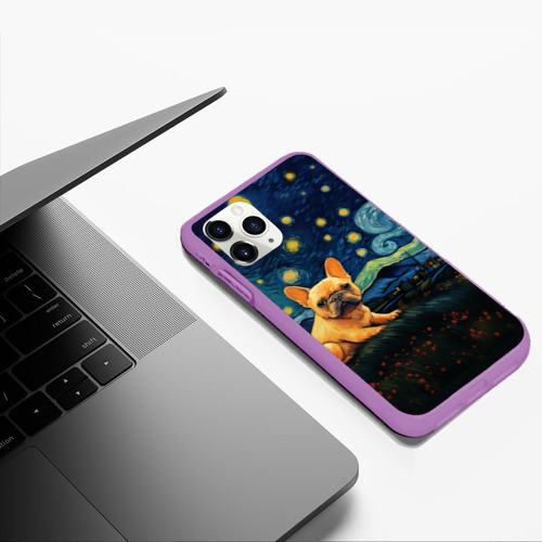 Чехол для iPhone 11 Pro Max матовый Французский бульдог в стиле Ван Гога, цвет фиолетовый - фото 5