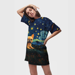 Платье-футболка 3D Французский бульдог в стиле Ван Гога - фото 2