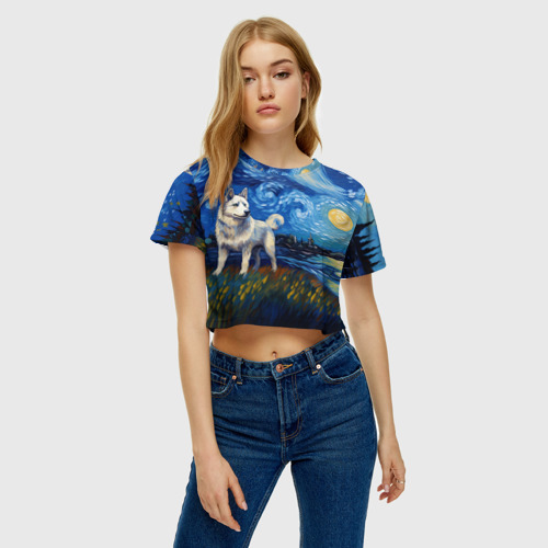 Женская футболка Crop-top 3D Хаски в стиле Ван Гога, цвет 3D печать - фото 4