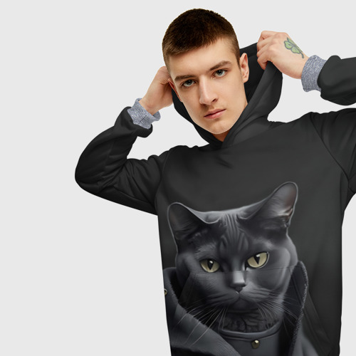 Мужская толстовка 3D Чёрный кот в пальто, цвет меланж - фото 5