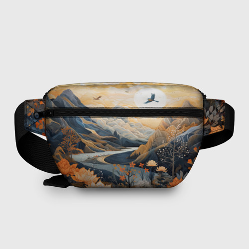 Поясная сумка 3D с принтом Солнечное утро в цветущих горах, вид сзади #1