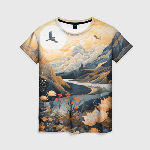 Женская футболка 3D с принтом Солнечное утро в цветущих горах, вид спереди #2