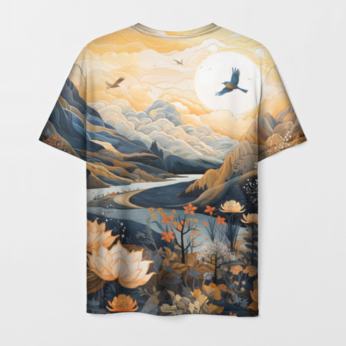 Мужская футболка 3D с принтом Солнечное утро в цветущих горах, вид сзади #1