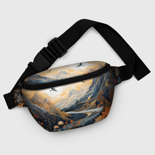 Поясная сумка 3D с принтом Солнечное утро в цветущих горах, фото #5